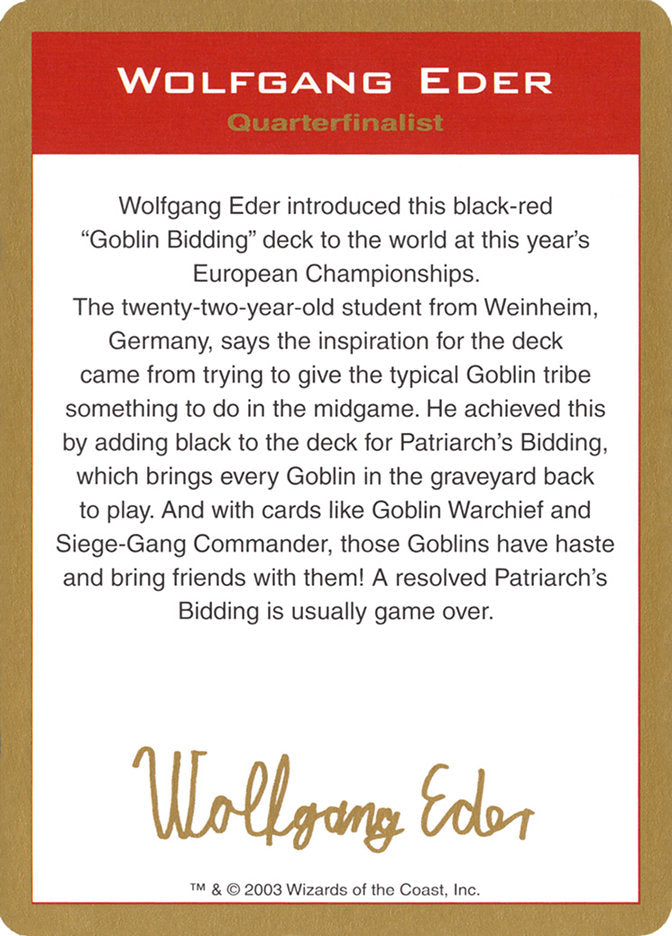 Wolfgang Eder Bio [World Championship Decks 2003] | Good Games Cannington