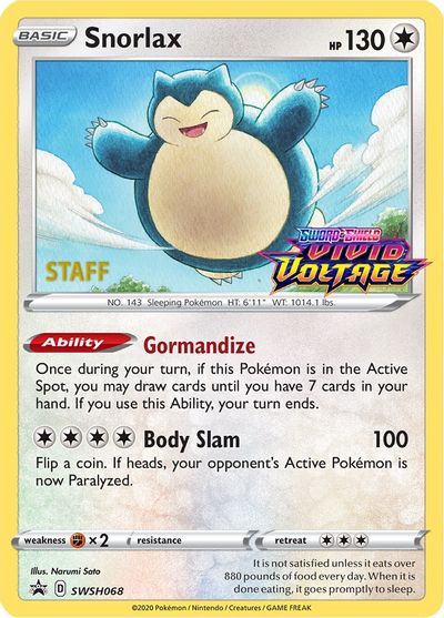 Snorlax (SWSH068) (Staff Prerelease Promo) [Sword & Shield: Black Star Promos] | Good Games Cannington