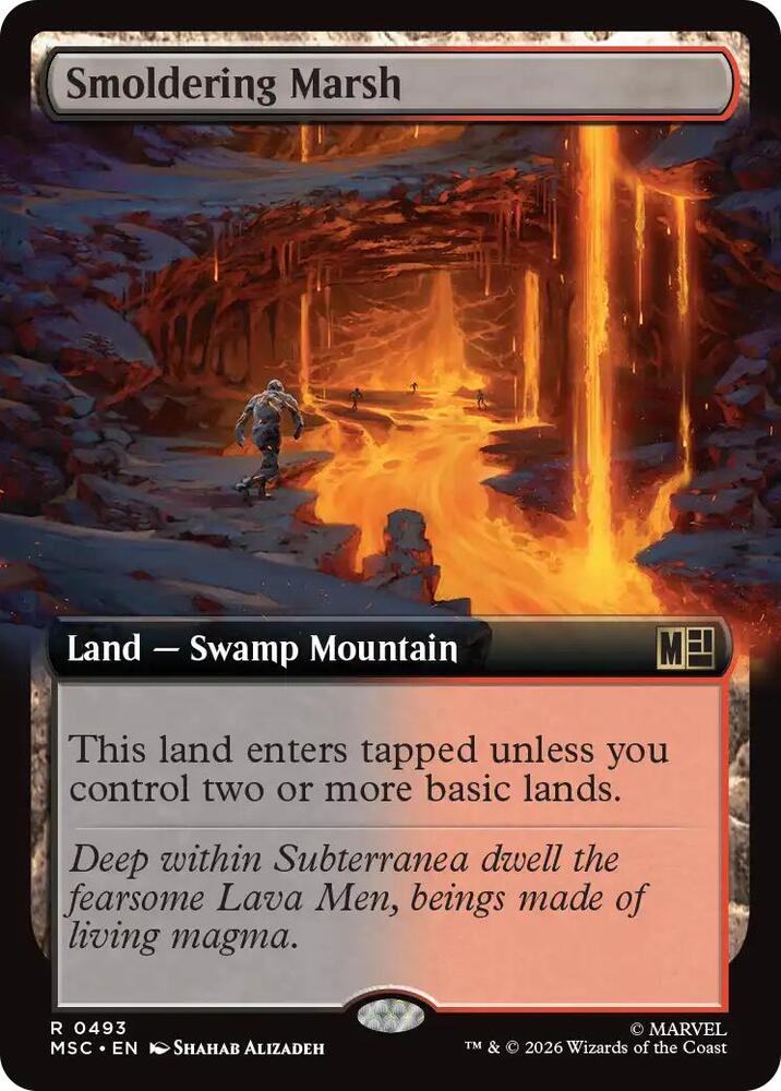 Smoldering Marsh Extended Art 493 (Commander: Marvel Super Heroes)  - Extended Art | Good Games Cannington