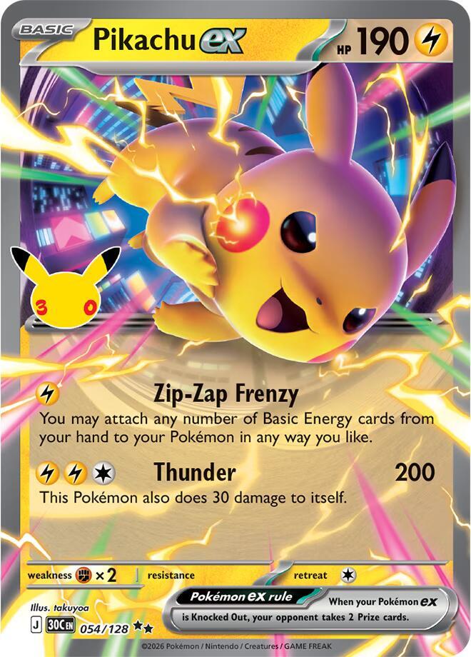 Pikachu ex 054/128 (ME: 30th Celebration)  - Holofoil | Good Games Cannington