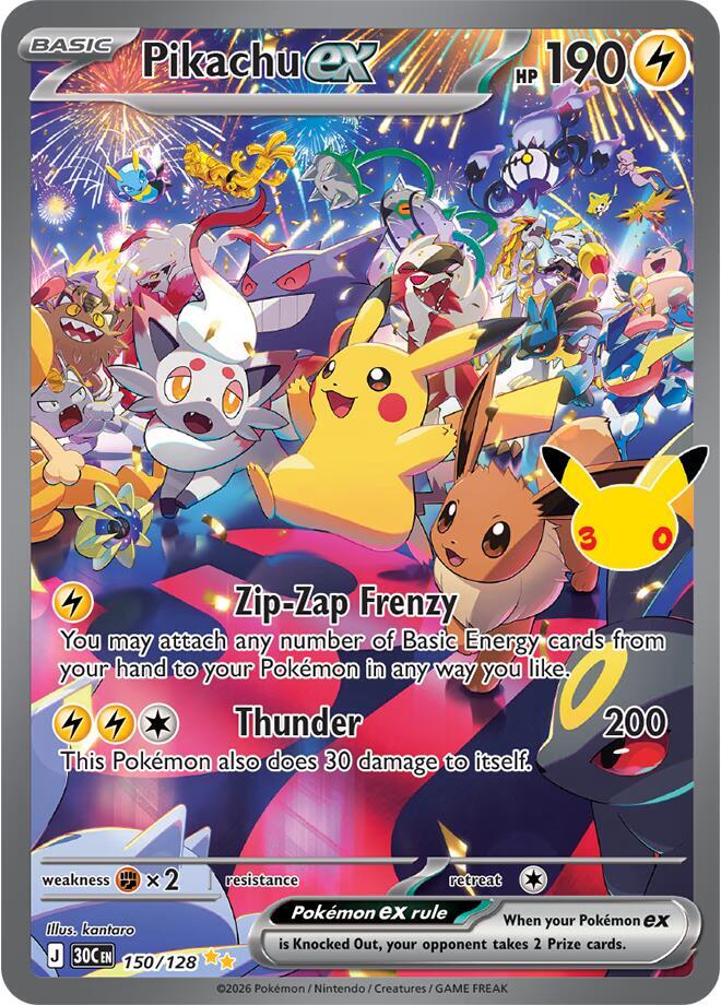 Pikachu ex 150/128 (ME: 30th Celebration)  - Holofoil | Good Games Cannington