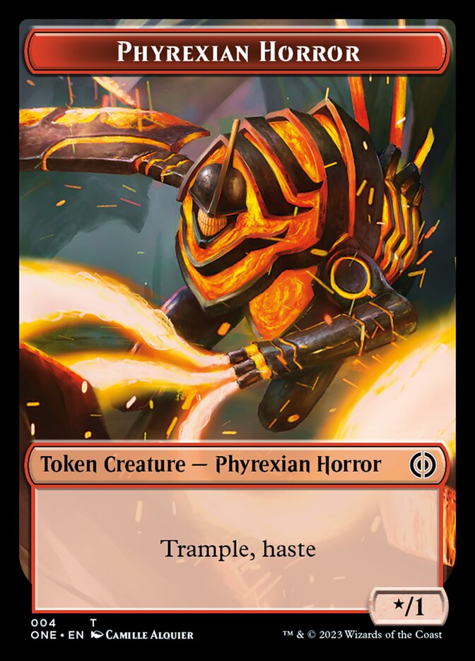 Rebel // Phyrexian Horror (004) Double-Sided Token [Phyrexia: All Will Be One Tokens] | Good Games Cannington