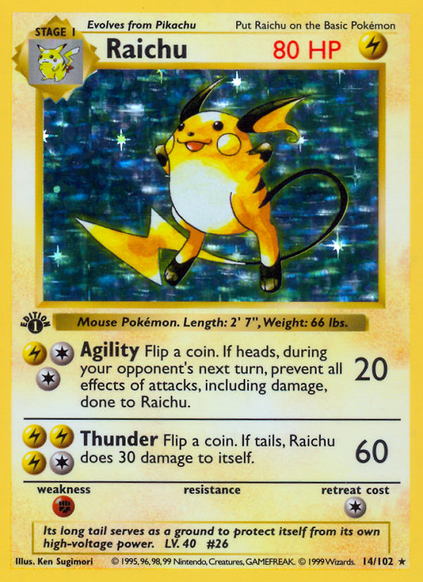 Raichu (14/102) (Shadowless) [Base Set 1st Edition] | Good Games Cannington