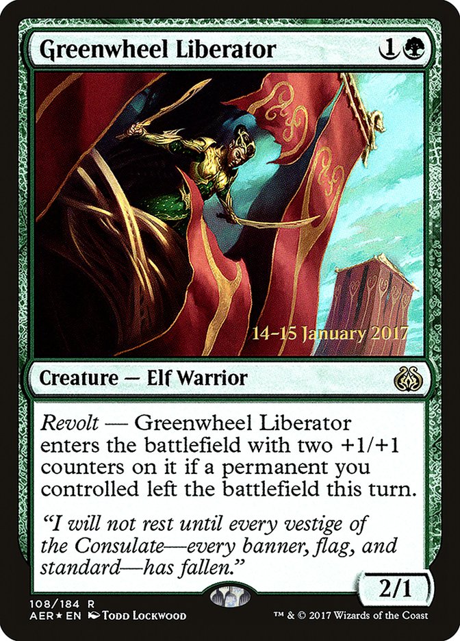 Greenwheel Liberator [Aether Revolt Prerelease Promos] | Good Games Cannington
