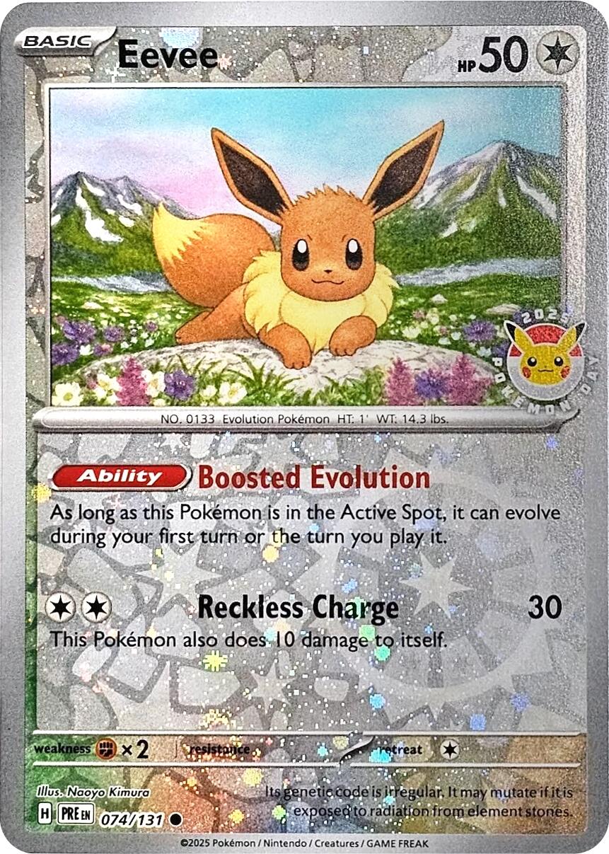 Eevee (074/131) (Pokemon Day 2025) (Reverse Cosmos Holo) [Scarlet & Violet: Prismatic Evolutions] | Good Games Cannington