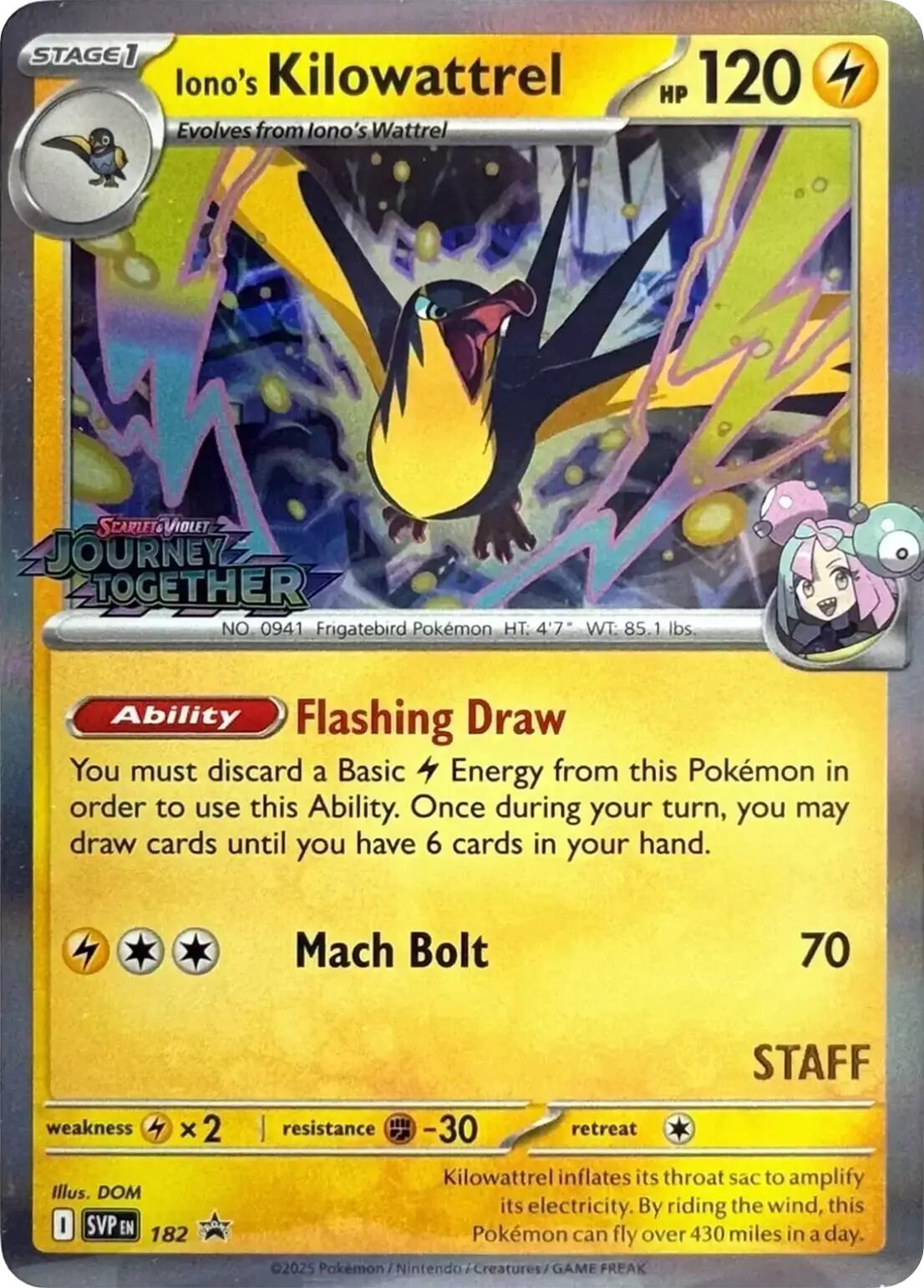 Iono's Kilowattrel (182) (Prerelease Staff) [Scarlet & Violet: Black Star Promos] | Good Games Cannington