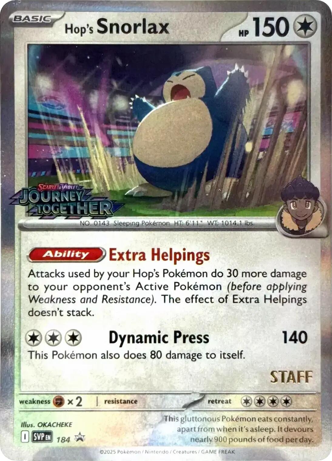 Hop's Snorlax (184) (Prerelease Staff) [Scarlet & Violet: Black Star Promos] | Good Games Cannington