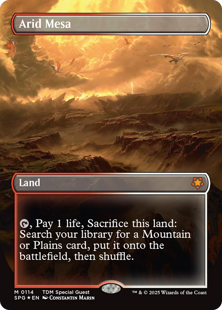Arid Mesa (Borderless) (Dragonscale Foil) [Tarkir: Dragonstorm Special Guests] | Good Games Cannington