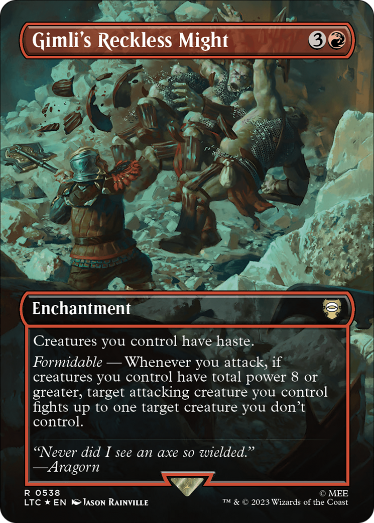 Gimli's Reckless Might (Borderless) (Surge Foil) [The Lord of the Rings: Tales of Middle-Earth Commander] | Good Games Cannington