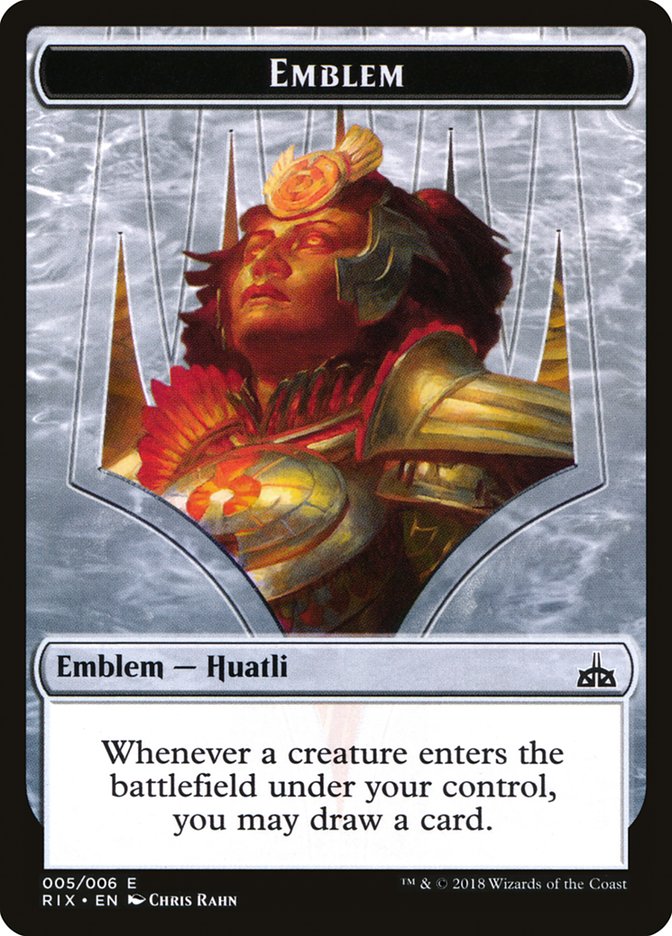 Huatli, Radiant Champion Emblem [Rivals of Ixalan Tokens] | Good Games Cannington