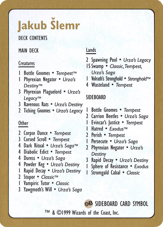 Jakub Slemr Decklist [World Championship Decks 1999] | Good Games Cannington