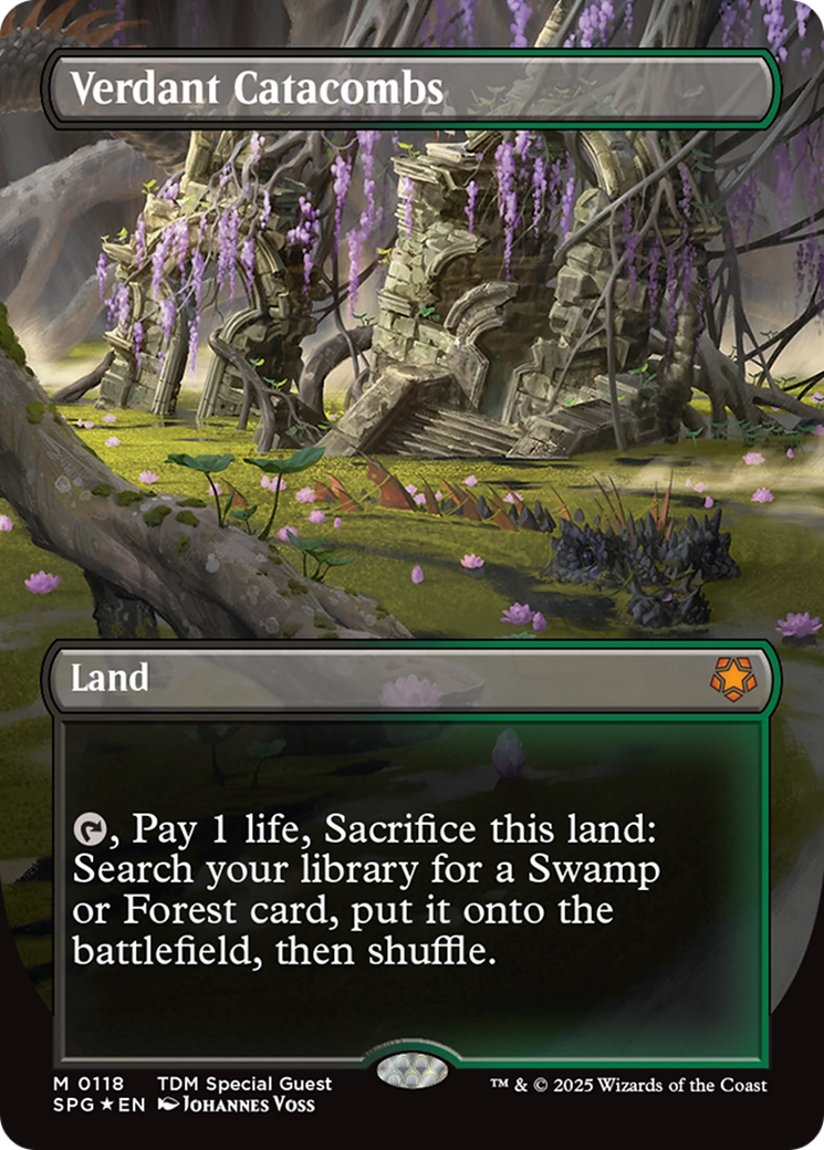 Verdant Catacombs (Borderless) (Dragonscale Foil) [Tarkir: Dragonstorm Special Guests] | Good Games Cannington