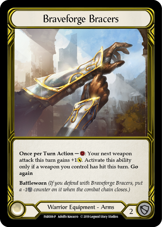 Braveforge Bracers [FAB006-P] (Promo)  1st Edition Cold Foil - Golden | Good Games Cannington