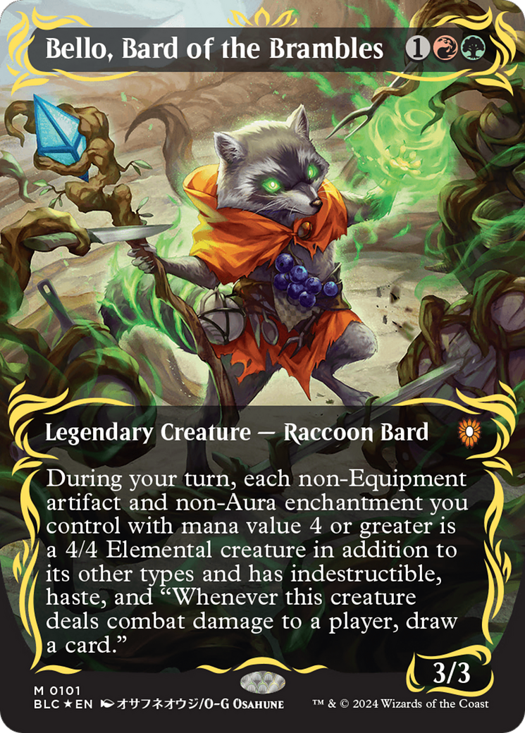 Bello, Bard of the Brambles (Borderless) (Raised Foil) [Bloomburrow Commander] | Good Games Cannington