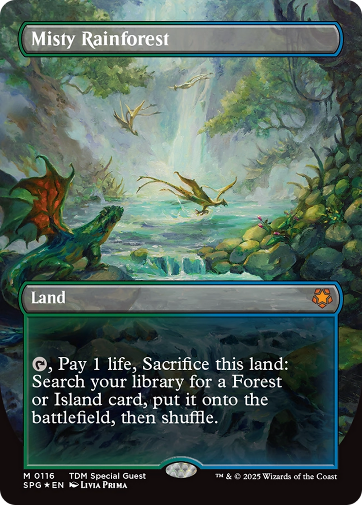 Misty Rainforest (Borderless) (Dragonscale Foil) [Tarkir: Dragonstorm Special Guests] | Good Games Cannington