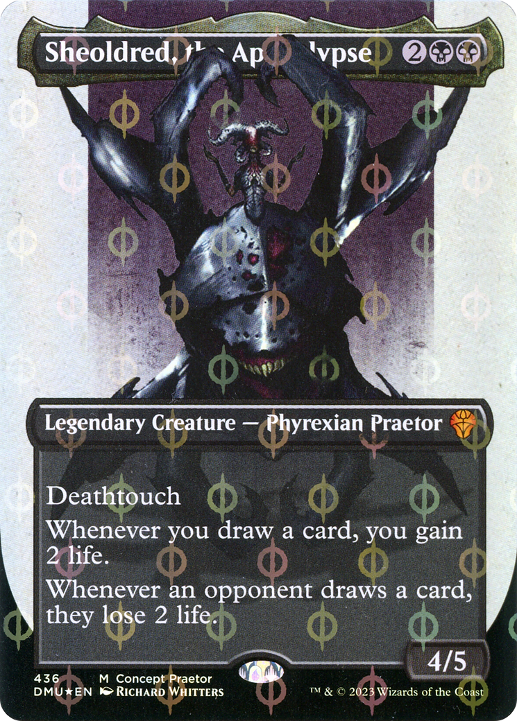 Sheoldred, the Apocalypse (Borderless Concept Praetors Step-and-Compleat Foil) [Phyrexia: All Will Be One] | Good Games Cannington