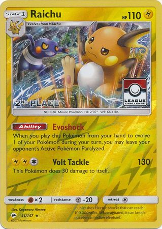 Raichu (41/147) (League Promo 2nd Place) [Sun & Moon: Burning Shadows] | Good Games Cannington