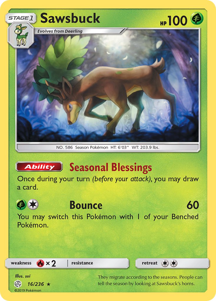 Sawsbuck (16/236) (Prerelease Kit Exclusive) (Theme Deck Exclusive) [Sun & Moon: Cosmic Eclipse] | Good Games Cannington