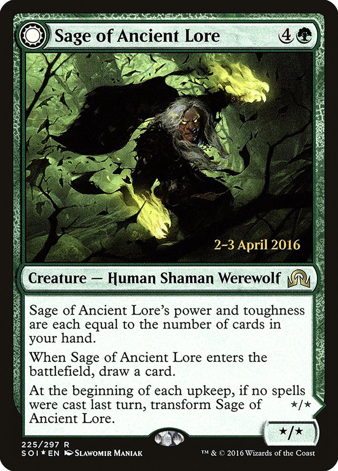 Sage of Ancient Lore // Werewolf of Ancient Hunger [Shadows over Innistrad Prerelease Promos] | Good Games Cannington