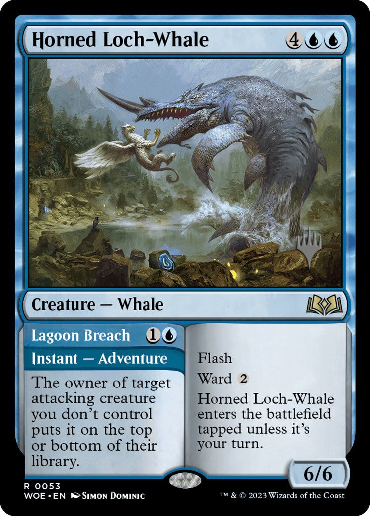 Horned Loch-Whale // Lagoon Breach (Promo Pack) [Wilds of Eldraine Promos] | Good Games Cannington