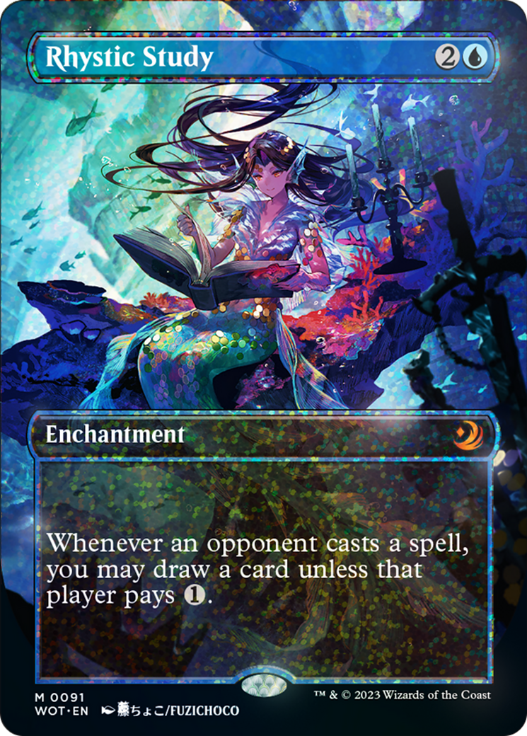 Rhystic Study (Anime Borderless) (Confetti Foil) [Wilds of Eldraine: Enchanting Tales] | Good Games Cannington