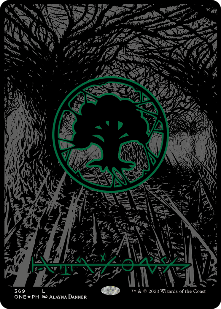 Forest (369) (Oil Slick Raised Foil) [Phyrexia: All Will Be One] | Good Games Cannington