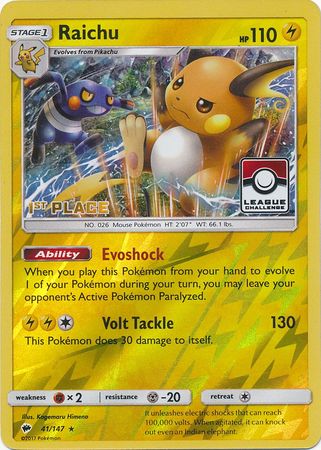 Raichu (41/147) (League Promo 1st Place) [Sun & Moon: Burning Shadows] | Good Games Cannington