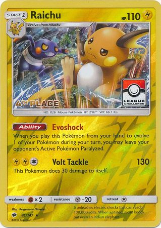 Raichu (41/147) (League Promo 4th Place) [Sun & Moon: Burning Shadows] | Good Games Cannington