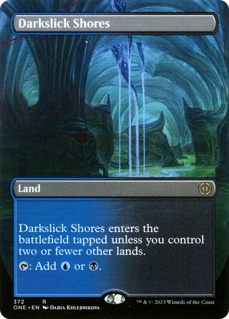 Darkslick Shores (Borderless Alternate Art) [Phyrexia: All Will Be One] | Good Games Cannington