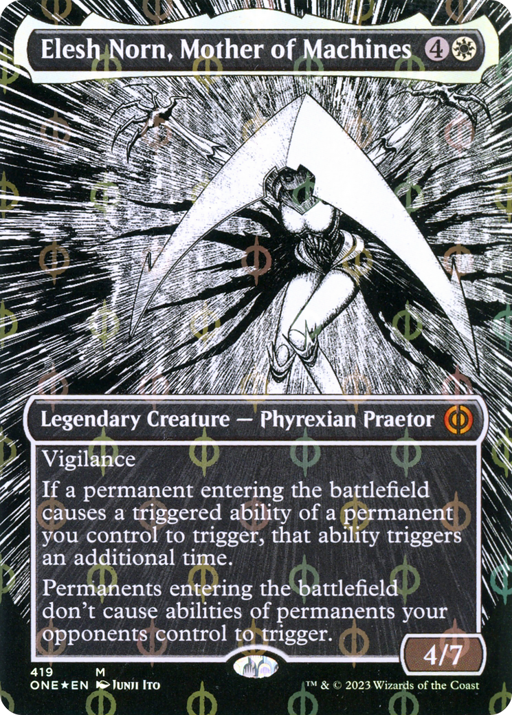 Elesh Norn, Mother of Machines (Borderless Manga Step-and-Compleat Foil) [Phyrexia: All Will Be One] | Good Games Cannington