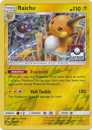 Raichu (41/147) (League Promo 3rd Place) [Sun & Moon: Burning Shadows] | Good Games Cannington