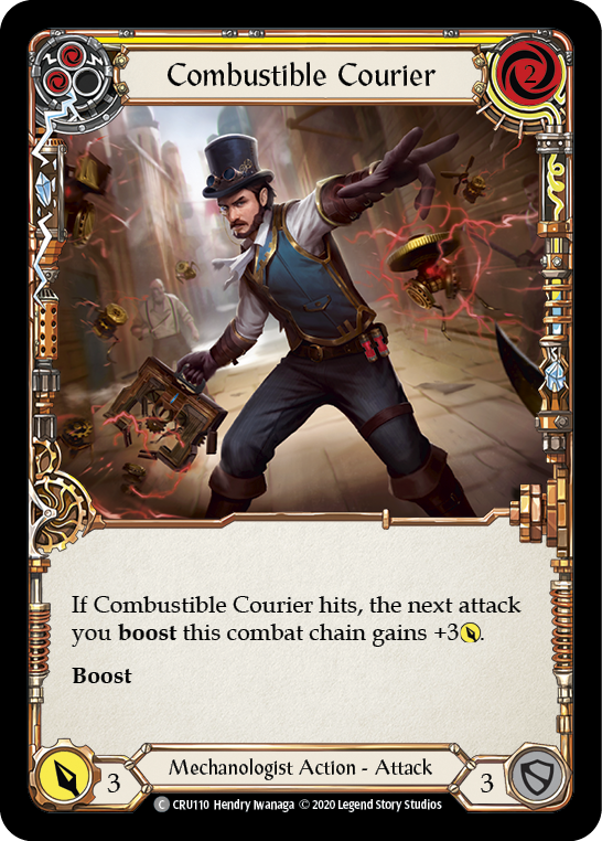 Combustible Courier (Yellow) [CRU110] 1st Edition Rainbow Foil | Good Games Cannington