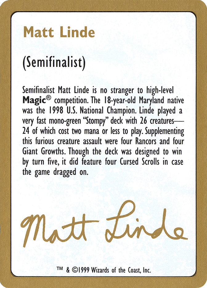 Matt Linde Bio [World Championship Decks 1999] | Good Games Cannington