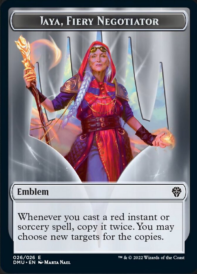 Jaya, Fiery Negotiator Emblem [Dominaria United Tokens] | Good Games Cannington