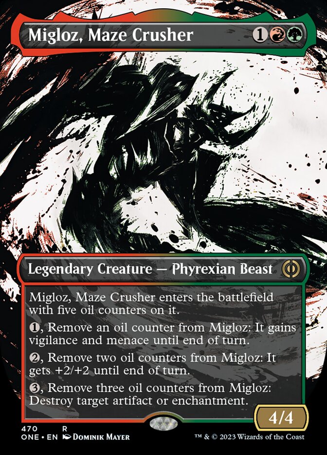Migloz, Maze Crusher (Borderless Ichor Step-and-Compleat Foil) [Phyrexia: All Will Be One] | Good Games Cannington