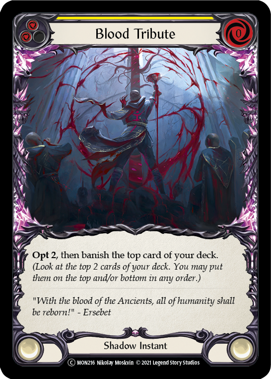 Blood Tribute (Yellow) [U-MON216-RF] Unlimited Rainbow Foil | Good Games Cannington